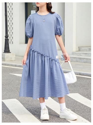 SweatyRocks Girl's Puff Short Sleeve Ruffle Dress Summer Casual Holiday Loose Flowy Long Dress4