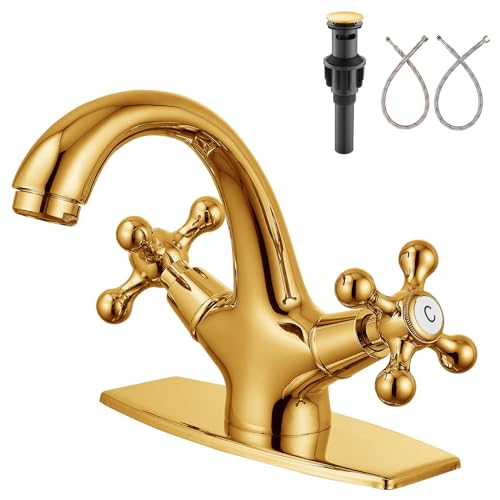 Aolemi Bathroom Sink Faucet Single Hole Cold and Hot Double Handle Cross Knobs Vanity Vessel Sink Basin Mixer Tap with Deck Cover Plate with Pop Up Drain Polish Gold