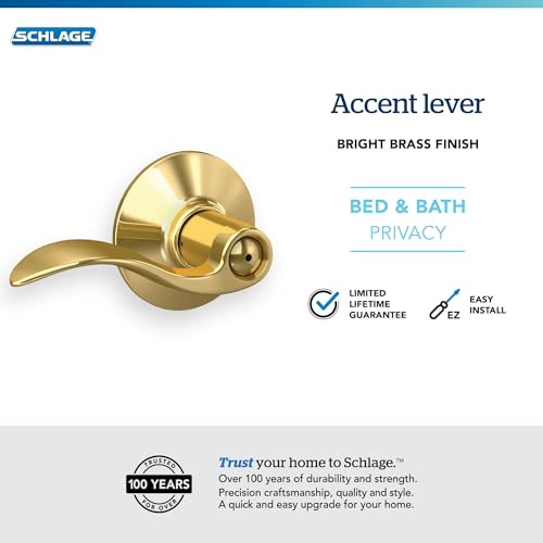 Image of Schlage F40 ACC 605 Accent Door Lever, Bed & Bath Privacy Lock, Bright Brass