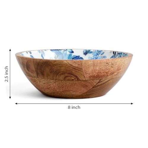 Image of SAAGA Printed Mango Wood Mixing Bowl | 8 x 2.5 Inch Large Wooden Serving Bowl for Salads, Fruits, Snacks, Curries & Desserts | Handcrafted Kitchen & Dining Bowl | White & Mazarine Blue