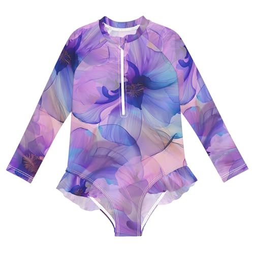 ALAZA Swimsuit for Girls Long Sleeve Rashguard Bathing Suit Floral Purple Watercolor Quick Dry 4T
