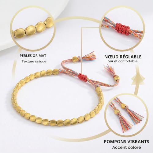 KAHZOR 2 Pièces Bracelet Tibétain en Cuivre, Bracelet Cuivre Homme Femme, Bracelet Perles, Tressé à la Main, Multicolore, Réglable, Style Perles à Trois Faces, 18-23 cm – vue 4
