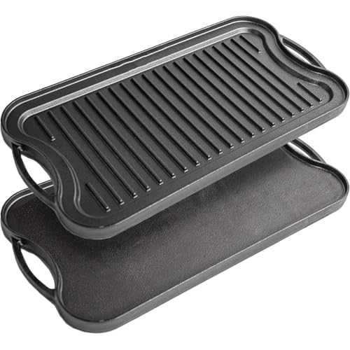 Taylor & Brown X-Large Non-Stick Cast Iron Reversible Griddle Plate Pan Double Sided for BBQ & Hob Cooking with Non-Stick Ridged and Flat Surfaces and Drip Tray 50.5 x 25.7cm