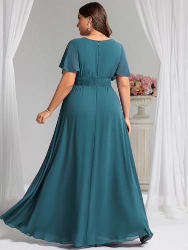 Image of Ever-Pretty Plus Elegant Formal Dresses for Curvy Women Round Neck Short Sleeves Chiffon Bridesmaid Mother of The Bride Dress
