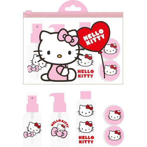 Set cuidado personal viaje Hello Kitty | Kit de botellas reutilizables con stickers y bolsa transparente | Accesorios de viaje kawaii para niñas