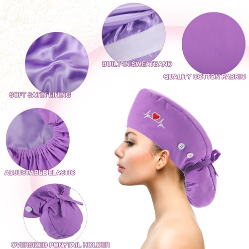 Image of 8 Pcs Satin Lined Scrub Caps, Nurse Hats with Buttons Sweatband, Adjustable Ponytail Surgical Caps for Women