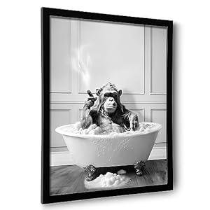Framed Bathroom Decor Wall Art, Chimpanzee in Bathtub, Black and White Wall Art, Funny Bathroom Wall Decor Signs, Cute Animal Art for Bathroom (Framed,8”x10”)