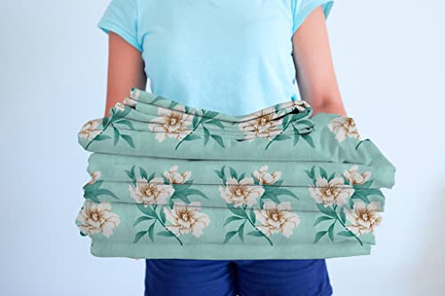 Image of HOMEKART 120 TC Cotton Rich Elastic Corner Fitted Bedsheet with 2 Pillow Covers | Double Bed 72x68+6 Inches | Wrinkle-Free, Super Soft & Breathable Floral Design | Light Green