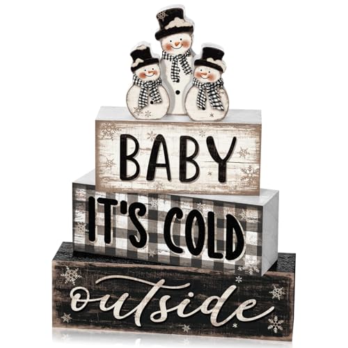 Yousoontic 4 Pcs Winter Snowman Wooden Table Decorations Rustic Signs Tiered Tray Decor Wood Farmhouse Vintage Ornaments Winter Christmas Gift Centerpiece Tabletop Xmas Decor for Entryway Home Desk