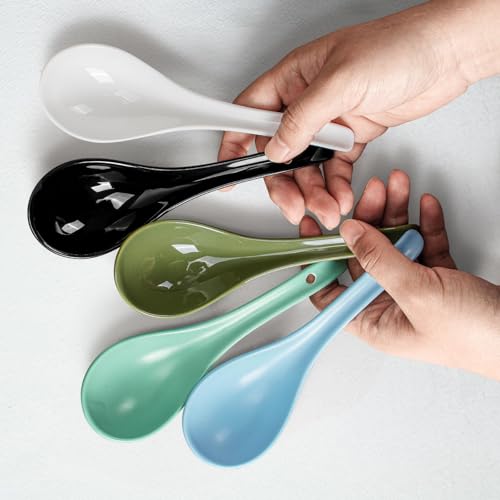 Artena Bright White 6.75 inch Asian Soup Spoons Set of 6, Ultra-fine Porcelain Tablespoon, Chinese/Japanese Kitchen Soup Spoons for Cereal, Ramen Pho - Deep Oval Hook Design