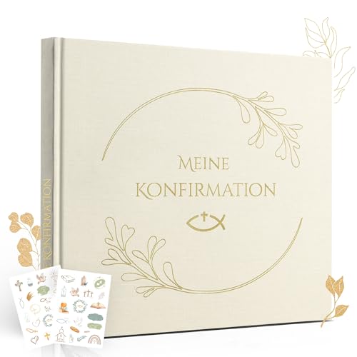 Legezon Gästebuch zur Konfirmation Stoffbezug mit Goldprägung 72 blanko Seiten für Wünsche & Fotos inkl. 2 Stickerbögen Erinnerungsbuch Geschenk