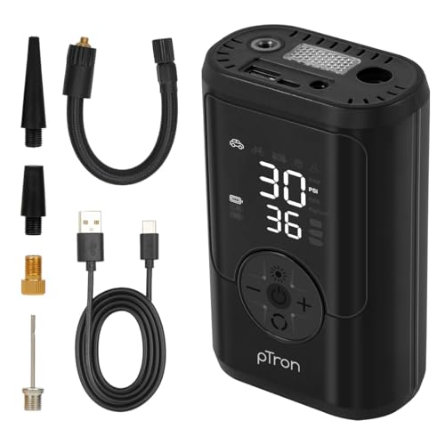 Image of pTron AerFlo X1 w /Superfast 25LPM Tyre Inflation, 150 PSI Pressure, 5000mAh Battery, Cordless Tyre Inflator for Cars & Bikes, Preset Modes, LED Flashlight, Type C Charging & Multiple Nozzles (Black)