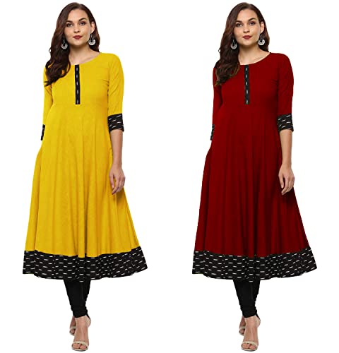Image of NATEK Cotton Anarkali Printed Border Kurtis for Women Combo Pack of 2