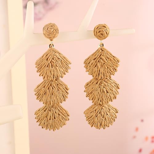 Image of Handmade Raffia Hoop Earrings Statement Tropical Bohemian Straw Dangle Earrings Natural Rattan Vacation Style Round Earrings for Women Summer Beach Party Essential Jewelry