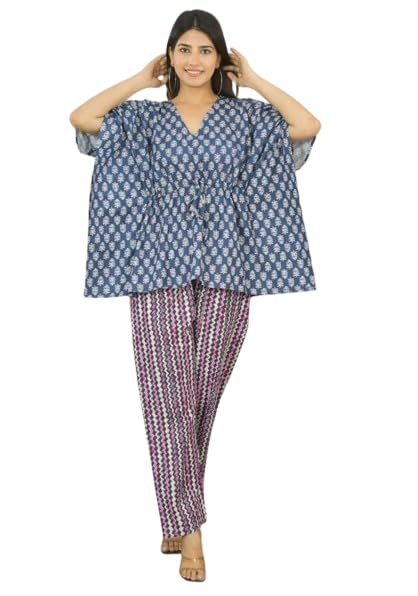 KAVERI KREATIONS Women's Cotton Printed Short Kaftan with Pants - Comfortable Free Size Kaftan Top & Bottom Set with Pocket (Blue)-picture-41
