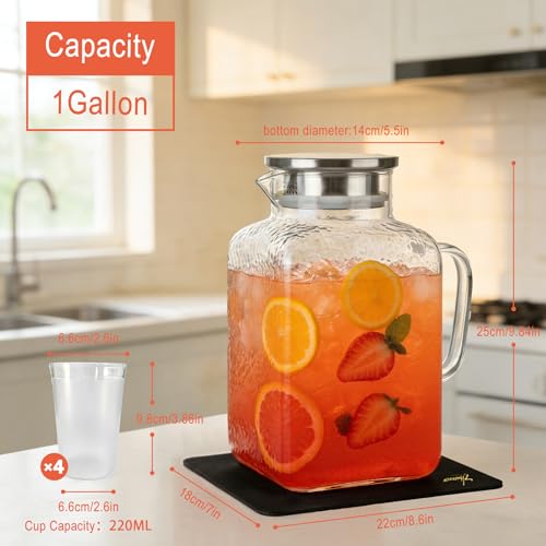 ZHUNZOOEN 1 Gallon Glass Pitcher with Lid, Glass Water Pitcher with Handle for Fridge, Iced Tea Pitcher, Cold/Hot water jug,Large Jug for Juice and Homemade Beverage（Free anti-scratch pad and 4 cups） by ZHUNZOOEN - Image 3
