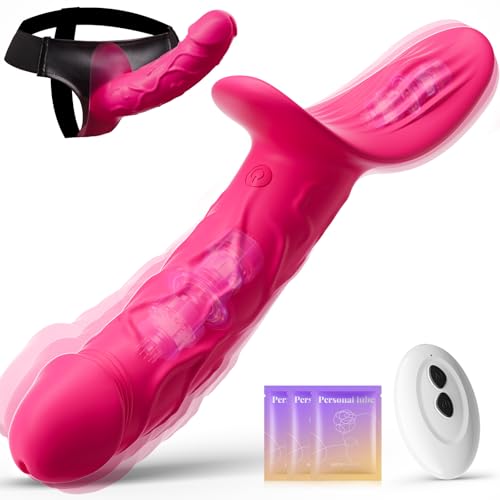 Vibrating Strap on Dildo - Strap on Harness Dildo Vibrator Sex Toys Adjustable Elastic Waist Strapless Dildos Lesbian Sex Toy Remote Control G Spot Wearable Vibrators (Pink)