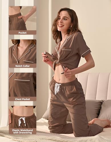 Image of NAP BOUND 100% Cotton Women's Pajama Sets Short Sleeve Button Down Soft Pjs 2 Piece Lounge Set with Pocket Nightwear XS-XXL