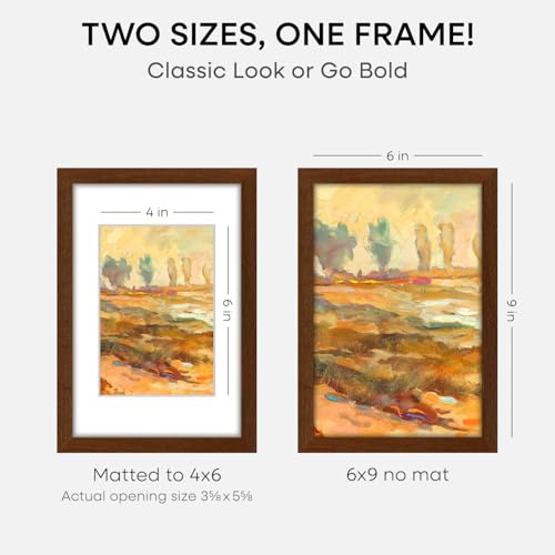 Image of Homeforia 6x9 Brown Oak Picture Frame, High-End Wood, 4x6 Mat, Glass | High End Solid Oak Wood, Tempered Glass, Acid-Free 4x6 Removable Mat, 6x9 Edge-to-Edge Display 9x6, Wall Kit, Set Of 1