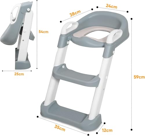SKY-TOUCH Kids Potty Training Seat with Steps,Adjustable Toddlers Potty Toilet Trainer,Toilet Ladder Seat, Folding Children's Toilet Training with Steps Non Slip & Space Efficient for Boys Girls,Grey