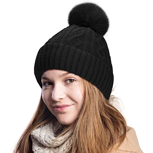 Cobee Gestrickte Bommelmützen,Damen Beanie Mütze Warme Wintermütze mit Kunstpelzbommel Dehnbare Mütze mit Weichem Innenfutter Gefütterte Pom Pom Hat Herren Schwarz Cover