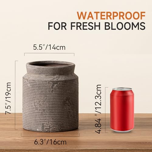 Ceramic Flower Vase 7.5 inch Farmhouse Rustic Vase for Home Decor Handcrafted Pottery Terracotta Vases for Dining Table Decor Fireplace Living Room Bathroom Wedding Centerpiece (M-Dark Gray) — view 3