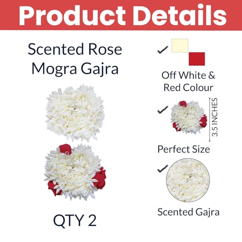 Image of Temperia (2 Pcs) Scented Mogra Gajra Hair Accessories For Women & Girls - Hair Flower Bun Artificial Fake Gajra Scrunchies Rubber Band - Premium & Voluminous, 1 Pc Red Petals & 1 Pc White