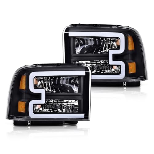 Image of G-PLUS LED DRL BAR Headlight Assembly Compatible with Ford F250 F350 F450 F550 Super Duty 2005-2007 /Fit Ford Excursion 2005 HeadLamps Clear lens Black Housing Amber Reflector FO2503217 6C3Z13008CB