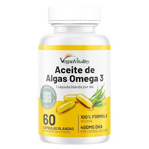 Omega 3 Vegano Aceite de algas de Vegan Vitality: 400mg de DHA por cápsula. 60 cápsulas, 2 meses de suministro. Vitaminas vegetarianas puras a base de plantas