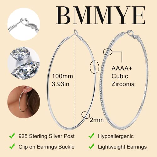 Sterling Silver Hoop Earrings For Women, Bmmye Big Silver Hoops With Cubic Zirconia Hypoallergenic Thin Silver Hoops Rhinestone Hoop Earrings Extra Large Silver Hoop Earrings For Women 100Mm #TOP3