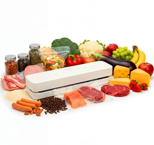 Löwenthal® Vakuumiergerät | Mit 5 Vakuumbeuteln | Eingebautes Messer | Exklusive Funktion | Breite Schweißleiste | Schweißgerät | Vakuumierer | 37,2x9,5x6,2 cm | Weiß