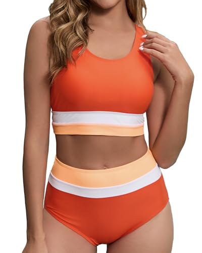 Dipinon Women's High Waisted Bikini Sets Two Piece Swimsuit Color Block Sporty Athletic Scoop Neck...