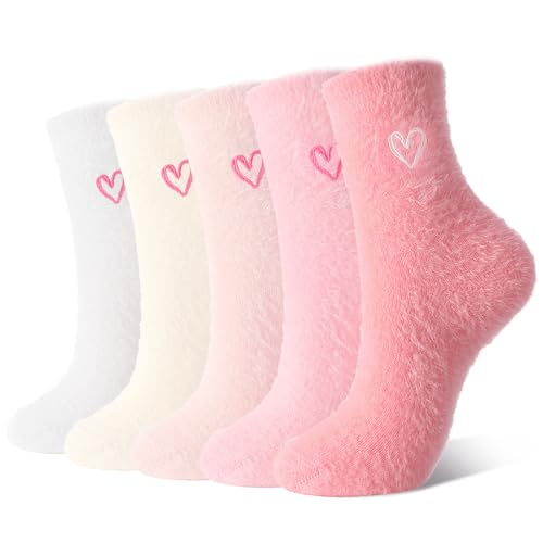 Jspupifip 5 Pairs Fuzzy Socks for Women with Bow Heart Cozy Soft Fluffy Slipper Sock Warm Winter Thick Home Sleeping Pink Heart
