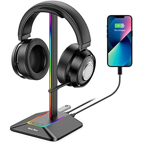 Headphone Stand RGB New Bee Headset Holder with 1 USB-C Charging Port and 1 USB Charging Port, Headset Stand Gaming with 7 Light Modes and Non-Slip Rubber Base Suitable for All Earphone Accessories Cover