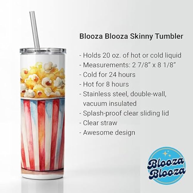Movie Theater Popcorn Bucket Watercolor Skinny Tumbler 20oz with Straw Insulated Water Bottle Gift