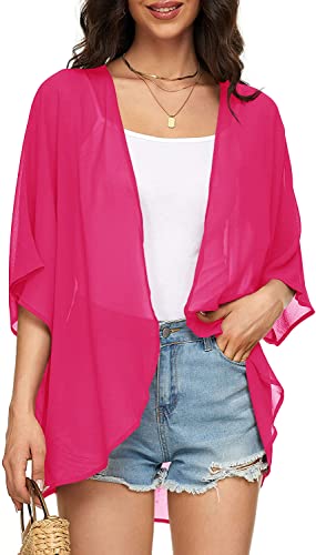 Image of Indian Trendy Women's Solid Puff Sleeve Kimono Cardigan Loose Cover Up Casual Blouse Top Chiffon