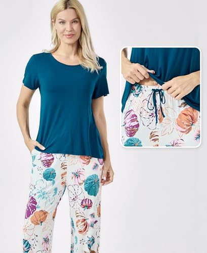 Image of GYS Bamboo-derived Viscose Women's Pajamas Set Short Sleeve Top With Pants 2-Piece Sleep Set