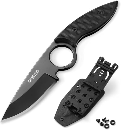 Omesio Couteau de ceinture Excellente qualité 420 acier full Tang - Couteau fixe Outdoor 42A conforme - avec manche G10 robuste et étui Kydex (Noir)