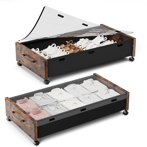 Under Bed Storage with Wheels, Rolling Underbed Storage Drawers, Wooden Under the Bed Storage with Remove Lid, Large Metal Storage Bins for Shoes Blankets Clothes Bedrooms Dorms (Vintage Brown-2pack)
