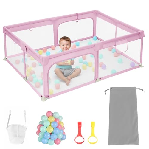 GYCS Parque Infantil Bebe, Parque Infantil, con Base Antideslizante, Barrera Parque Bebe, Tejido Oxford, Gran Parque Bebe, para Interior Y Exterior,Rosado,200X200X60CM