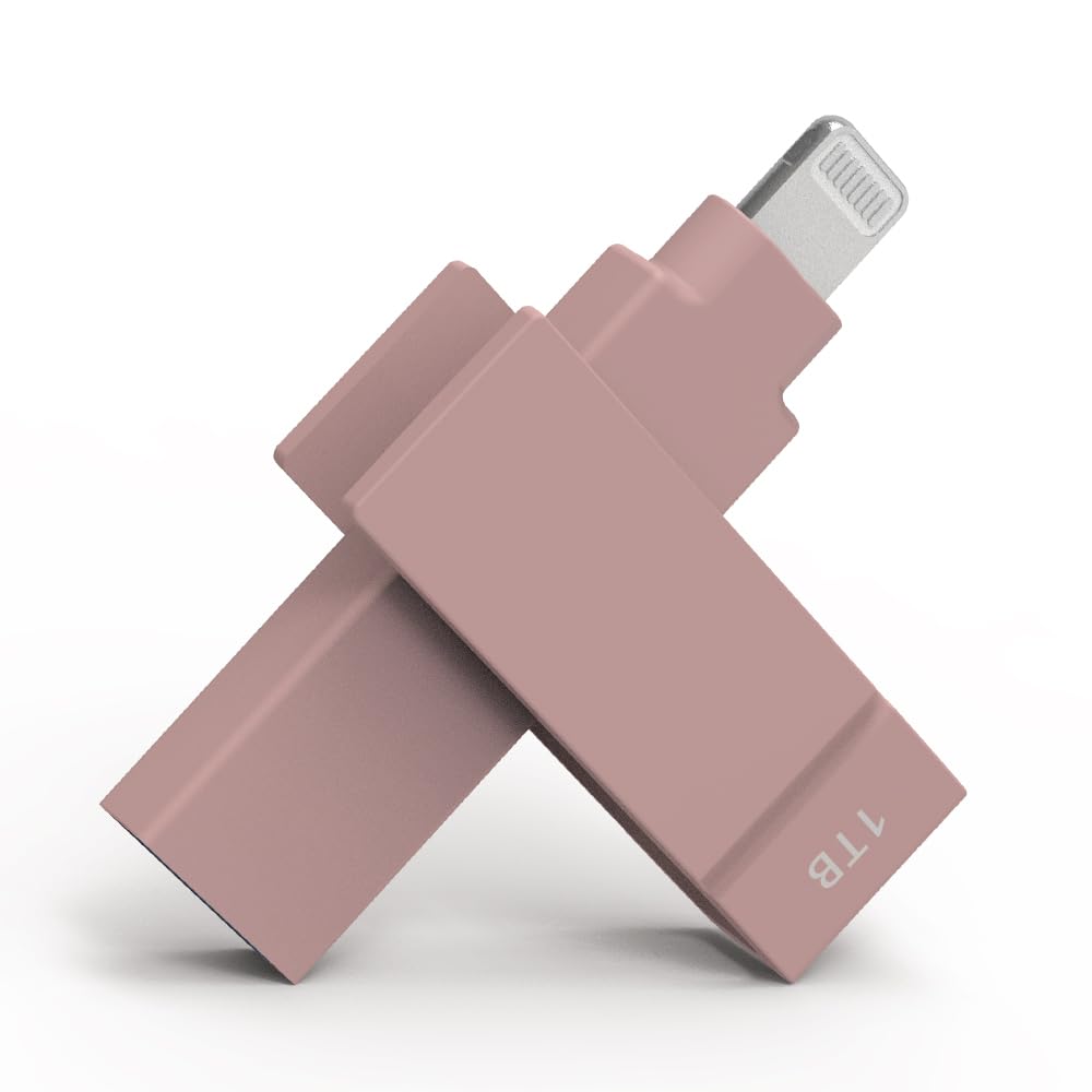 PioData 1TB Backup Flash Drive 2-in-1 Lightning & USB Type A for iPhone, iPad, and Computer Apple MFi Certified Morandi Pink iXflash, External Hard