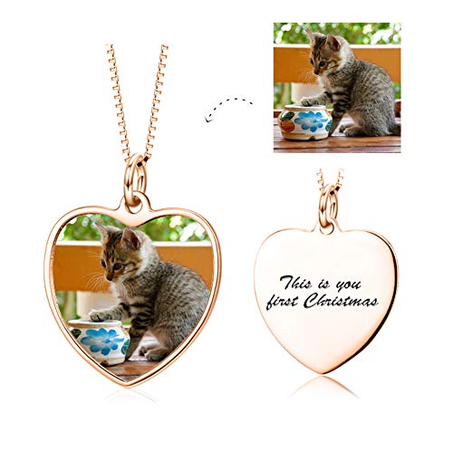 Full Color Photo Picture Personalized 925 Sterling Silver Necklace Custom Etched Pet Cat Dog Family Mother Baby Image Heart Round Square Shape Pendant Tag (Heart-Shaped-Rose-Gold-Plated-Silver) #TOP1
