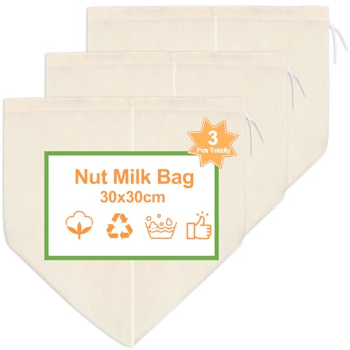 Nussmilchbeutel 3 Stück, 30×30cm Passiertuch Beutel Wiederverwendbar, Baumwolle Nussbeutel Bio Waschbar, Filterbeutel mit Kordelzug, zum Sieben für Nussmilch Käse Joghurt Fruchtsaft