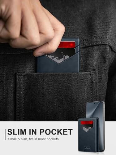 Image of Contacts Slim Leather Bifold for Men | RFID Blocking Card Holder with ID Window | Holds 13-17 Cards, Large Cash Slot | Thin Minimalist Front Pocket Design | Gift for Men (Blue)