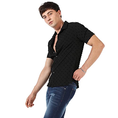Image of CAHOOT Men's Button Up Shirt for Casual Wear | Regular Fit | Poly Lycra Shirt Crafted with Short Sleeve & Enhanced Stretch Comfort Fit for Everyday Wear