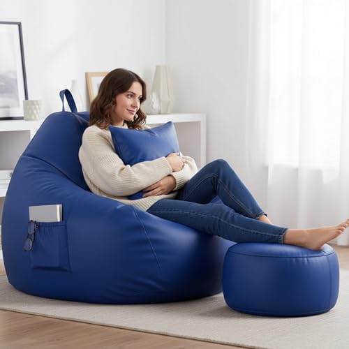 Image of KAM'S LIEU 6XL Luxury Faux Leather Bean Bag with Footrest & Cushion | Pre-Filled High-Density Polystyrene Beans | Premium Leatherette |Teardrop Handle Design | 6 Months Warranty Color- Royal Blue