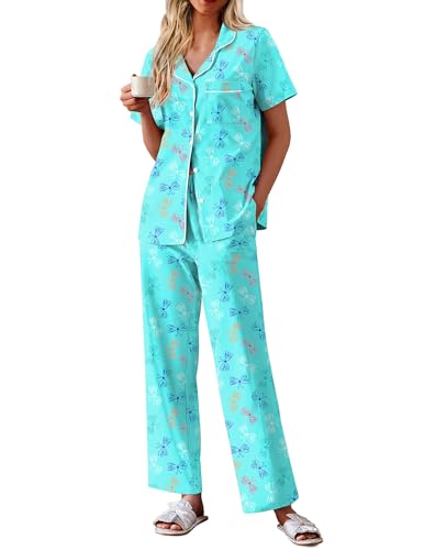 Image of Ekouaer Women's 100% Cotton Pajamas Set Short Sleeve Button Down Pjs 2 Piece Soft Sleepwear with Long Pants Lounge Set