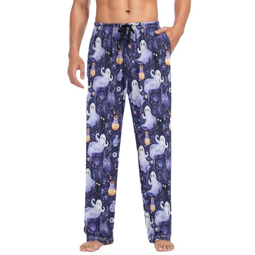 Men's Pajama Pants,Cats and Ghosts Lounge Lightweight Sleep Bottoms Pants with Pockets Size S-XXL3