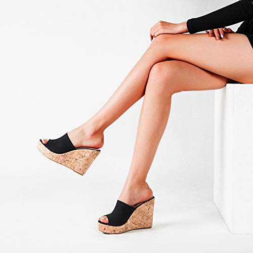Image of LEHOOR Cork Wedge Mules for Women Platform Slide Sandals Peep Toe, High Wedge 4.5Inch Slippers Microfiber Suede 6-11 M US