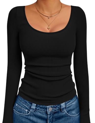Ekouaer Long Sleeve Shirts for Women Ribbed Top Slim Fit Thermal Undershirt - image 1